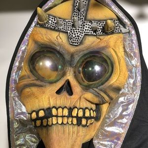 Scary Halloween Mask Vintage Skeleton Alien Eyes Metallic Trim Shroud
